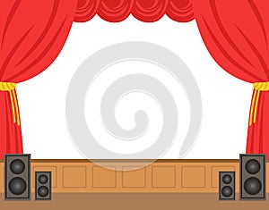 Theater stage with opened red curtain. Colorful cartoon character vector Illustration