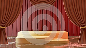 Theater stage with product podium and retro style curtain background 3D illustration render.