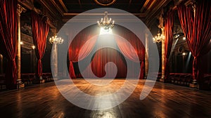 Theater stage with red curtain.