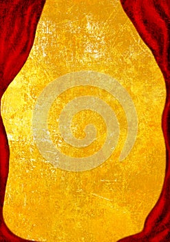 Theater Stage with red curtain, golden background