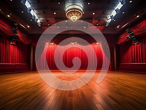 theater stage with red curtain, lighting, wooden floor, insane detail, smooth lighting AI generative