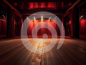 theater stage with red curtain, lighting, wooden floor, insane detail, smooth lighting AI generative