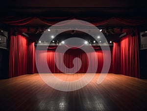 theater stage with red curtain, lighting, wooden floor, insane detail, smooth lighting AI generative