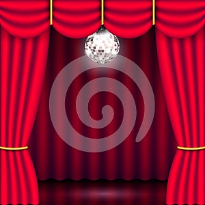 Theater stage, red curtain and mirror ball