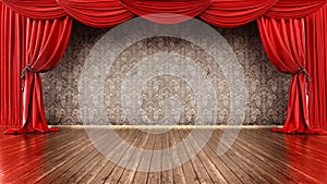 Theater stage with red curtain and parquet ground. 3D illustration