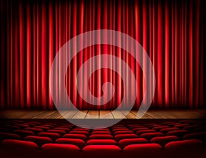 A theater stage with a red curtain, seats.