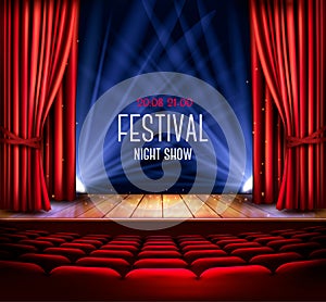 A theater stage with a red curtain and a spotlight. Festival night show poster. Vector.