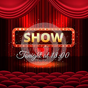 A theater stage with a red curtain and a spotlight with golden sparkles. Festival or show poster, invitation concert