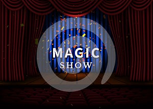 A theater stage with a red curtain and a spotlight and wooden floor. Magic Show poster. Vector
