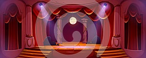 Theater stage with red curtains, lights and moon