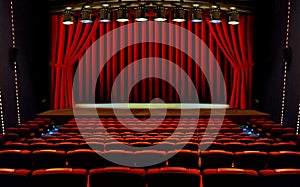 Theater stage with red curtains and seats under spotlights