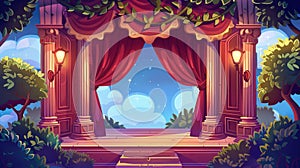 A theater stage with red curtains and spotlights. Modern illustration of an interior scene with a wooden set, velvet