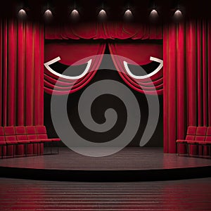 Theater stage with red curtains, spotlights and seats - vector illustration