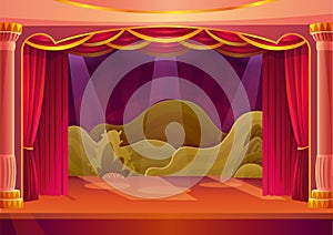 Theater stage with red curtains and spotlights. Theatre interior with empty wooden scene, luxury drapes and decoration