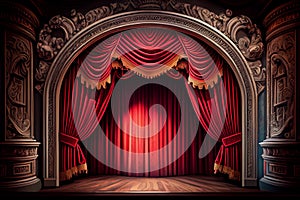 Theater stage with red curtains and spotlights. Theatrical scene in the light of searchlights, the interior of the old