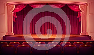 Theater stage with red curtains, theatre seats