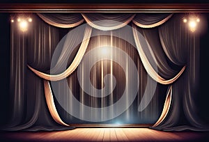 A theater stage in spotlight decorated with brown curtains Generative AI