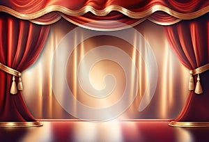 A theater stage in spotlight decorated with red curtains Generative AI