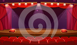 A theater stage with a spotlight, red curtains and seats. Empty concert hall