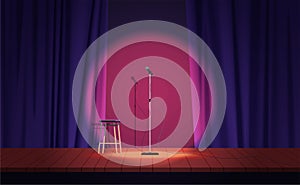 Theater stage for stand up show, scene of comedy club with microphone and curtains