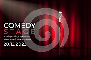 Theater stage. Standup performance banner. Light beam. Realistic curtain and microphone. Music spot. Spotlight on comedy