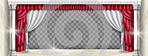 Theater stage, vector red cinema curtains on transparent background, marble pillar, white tulle, lights.