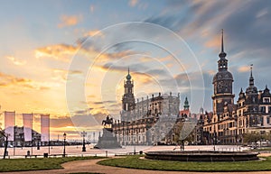 Theaterplatz with Hofkirche and Castle in Dresden at sunrise