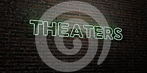 THEATERS -Realistic Neon Sign on Brick Wall background - 3D rendered royalty free stock image