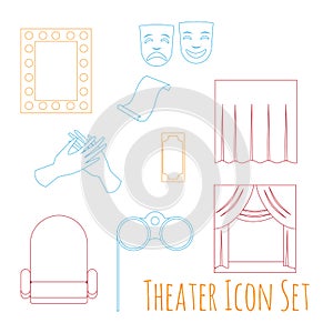 Theatre acting performance icons set with ticket masks flat isolated illustration