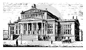 Theatre at Berlin is noteworthy for its magnificent faÃ§ade vintage engraving