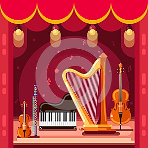 Theatre and classical music concert stage, vector flat illustration. Music instruments on scene podium