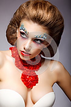 Theatre. Classy Woman with Fantastic Stagy Colorful Makeup. Fantasy