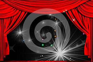 Theatre curtain and lighting on stage. Illustration of the curta