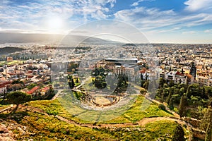 Theatre of Dionysus with sun - view from Acropolis Hill of Athens, Greece