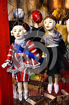 Theatre drama man and woman string puppets