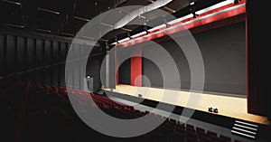 Theatre with empty stage in spotlight. Red theater curtain and seats