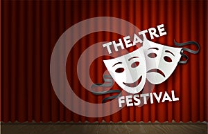 Theatre festival stage with red velvet curtain vector poster template