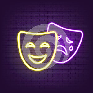 Theatre icon neon. Comedy and tragedy masks icon neon. Happy and unhappy traditional symbol of theater. Vector EPS 10. Isolated on
