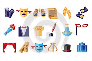 Theatre icons set, theatrical acting performance elements vector Illustrations on a white background