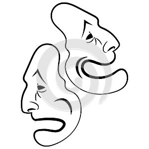 Theatre Masks. Drama and comedy. Illustration for the theater. Tragedy and comedy mask. Black white illustration. Tattoo