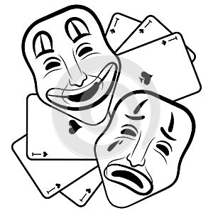 Theatre Masks. Drama and comedy. Illustration for the theater. Tragedy and comedy mask. Black white illustration. Tattoo