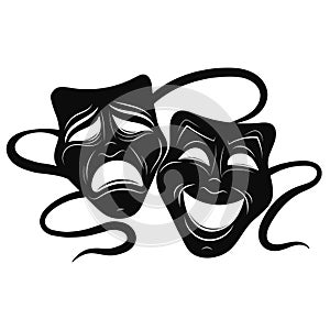 Theatre Masks. Drama and comedy. Illustration for the theater. Tragedy and comedy mask. Black white illustration. Tattoo