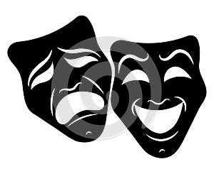 Theatre Masks. Drama and comedy. Illustration for the theater. Tragedy and comedy mask. Black white illustration. Tattoo photo