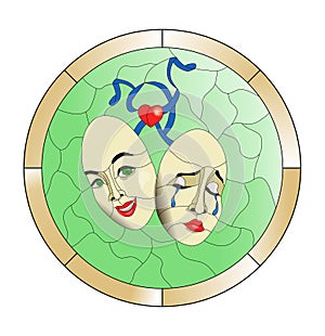 Theatre masks on a green background stained glass pattern