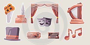 Theatre opera comedy stage performance object set collection drawing illustration sticker doodle cartoon style