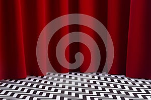Theatre scene with red velvet curtain and black and white tile on floor. Stage for displaying product in twin peaks style.