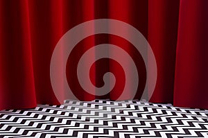 Theatre scene with red velvet curtain and black and white tile on floor. Stage for displaying product in twin peaks style. photo