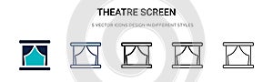 Theatre screen icon in filled, thin line, outline and stroke style. Vector illustration of two colored and black theatre screen