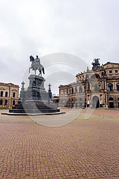 Theatre Square with Semperoper and Residenzschloss buildings and King Johann`s equestrian statue