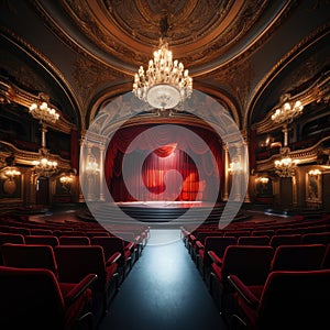 Theatre, stage with red curtain. AI generative
